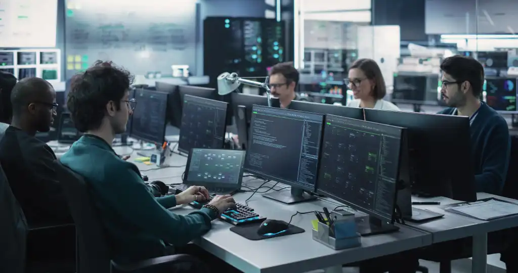 Ein Team von Ingenieuren programmiert an Schreibtischen mit mehreren Monitoren in einem Serverraum bei gedimmter blauer Beleuchtung im Hintergrund.