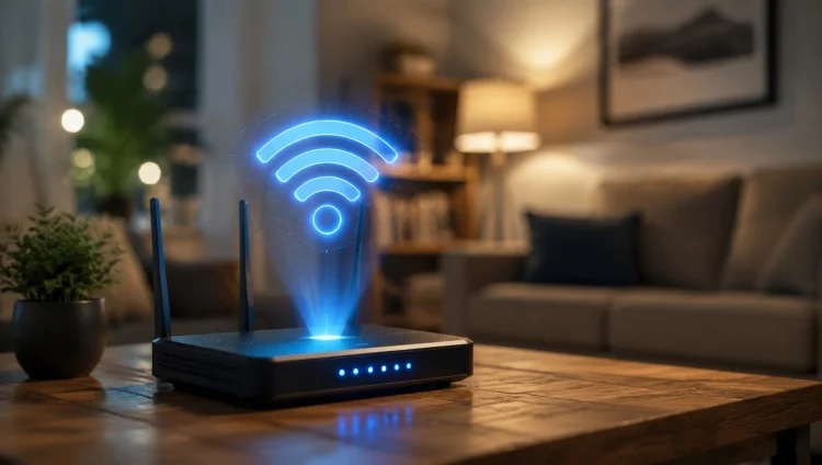 Wireless router emitting a blue Wi‑Fi signal in a cozy living room on a wooden table.