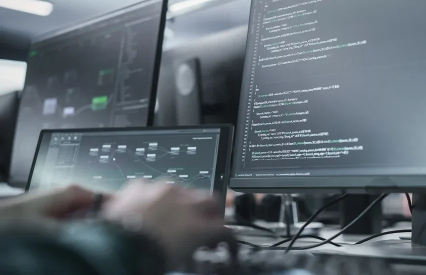 Softwareentwickler, die an Schreibtischen mit mehreren Monitoren, auf denen Code und Dashboards angezeigt werden, programmieren.