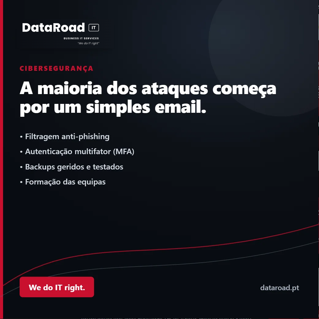 Dark DataRoad IT security banner with Portuguese headline about email-based attacks and bullets on anti-phishing, MFA, backups, and team training.
