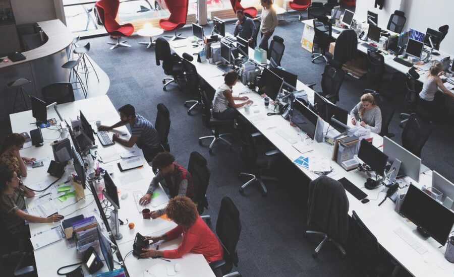Großraumbüro mit langen Schreibtischen und mehreren Computerarbeitsplätzen; Mitarbeiter arbeiten an ihren Computern inmitten großer Fenster und verstreuter roter Sessel im Hintergrund.