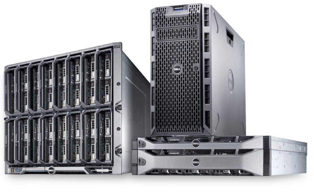 A Dell PowerEdge server hardware configuration comprising a blade chassis with multiple hot-swap blades and a rack-mounted storage unit, shown against a black background.