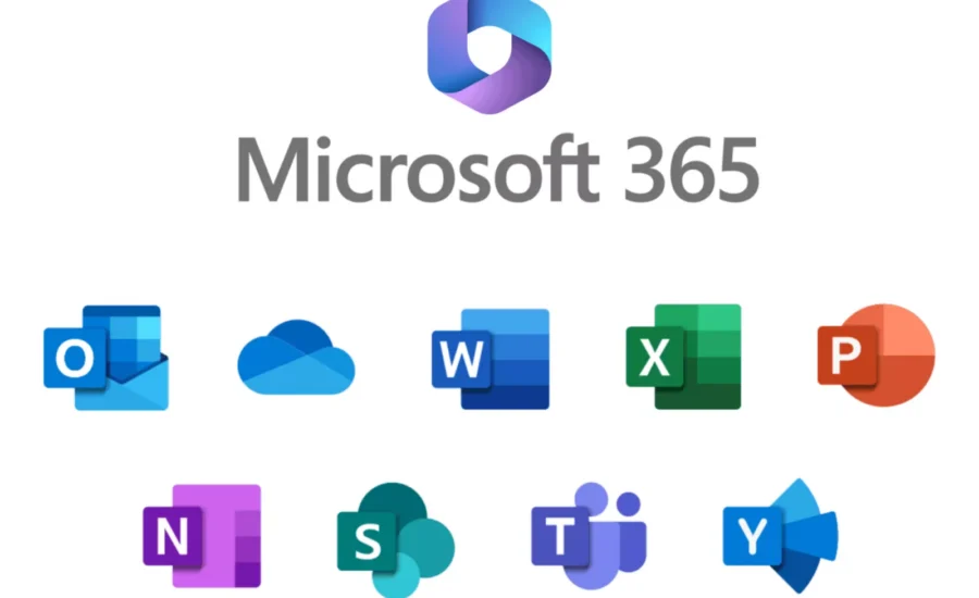 Microsoft 365-Logo zentriert über einer Reihe bunter App-Symbole (Outlook, OneDrive, Word, Excel, PowerPoint), die die Suite der Microsoft 365-Apps anzeigen.
