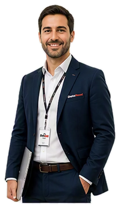 Un homme souriant, vêtu d'un costume bleu marine et portant un badge d'identification attaché à un cordon, debout, une main dans la poche.